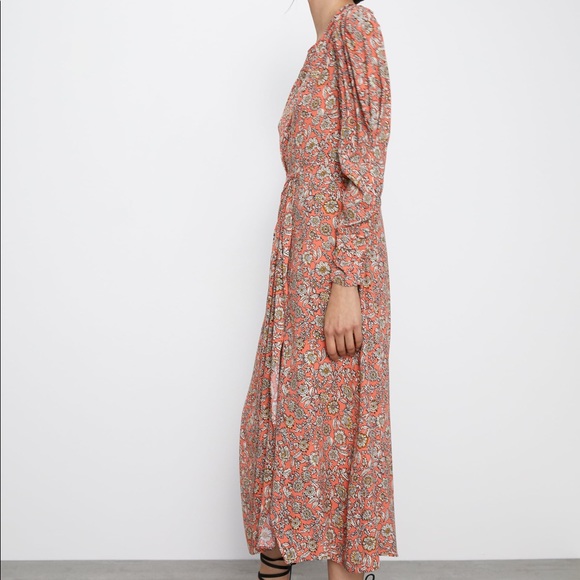 Zara FLORAL PRINTED DRAPED MIDI Flowy DRESS Long Sleeve Puff Shoulders Sz XS NEW - Picture 10 of 16